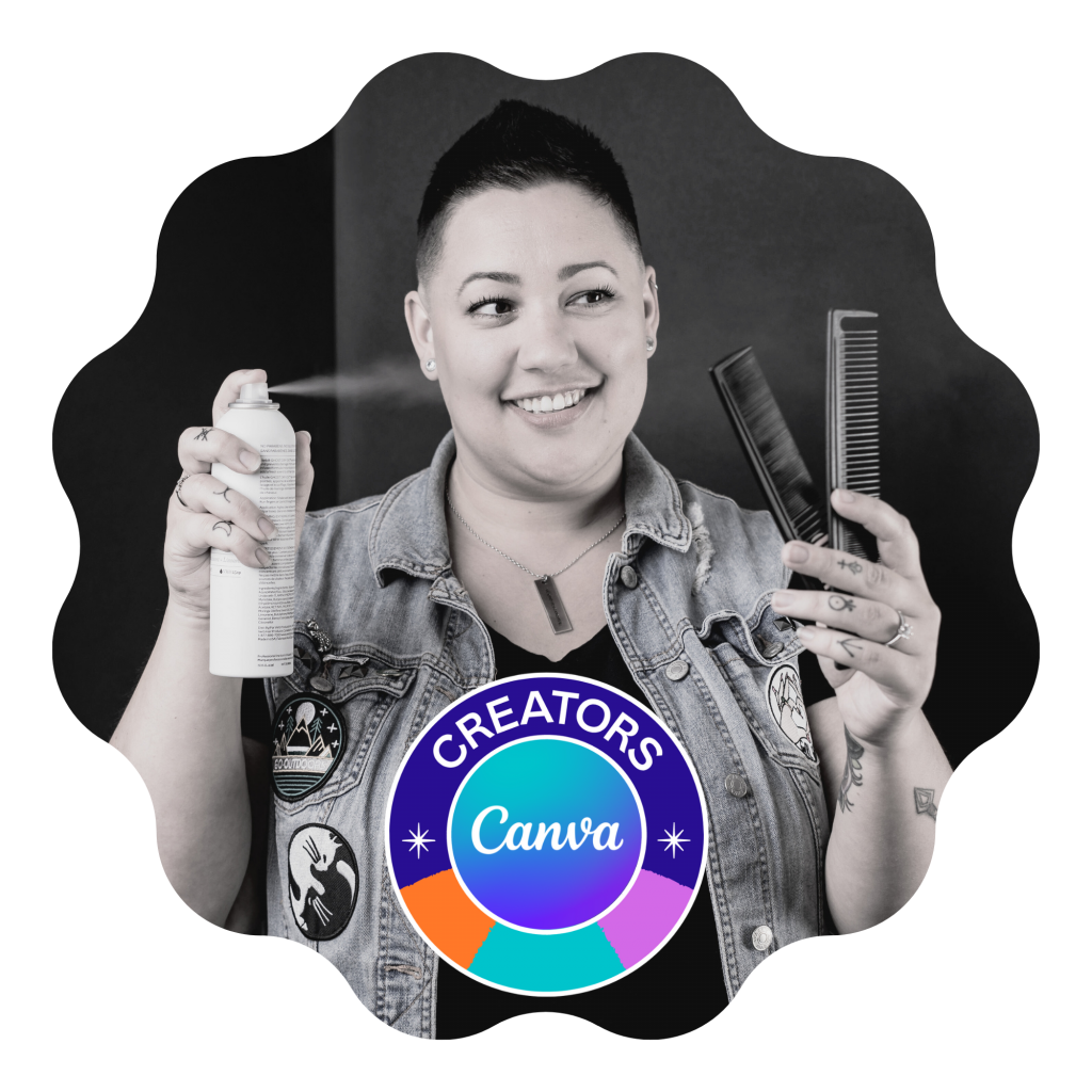 Black & gray photo of Shelbs smiling while holding a can of hairspray and donning a Canva Creators badge.